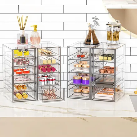 YFXCVSL clear acrylic 19-drawer organizer filled with makeup
